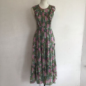 Banjanan Women Elegant Floral Garden Maxi Dress M Green Pink